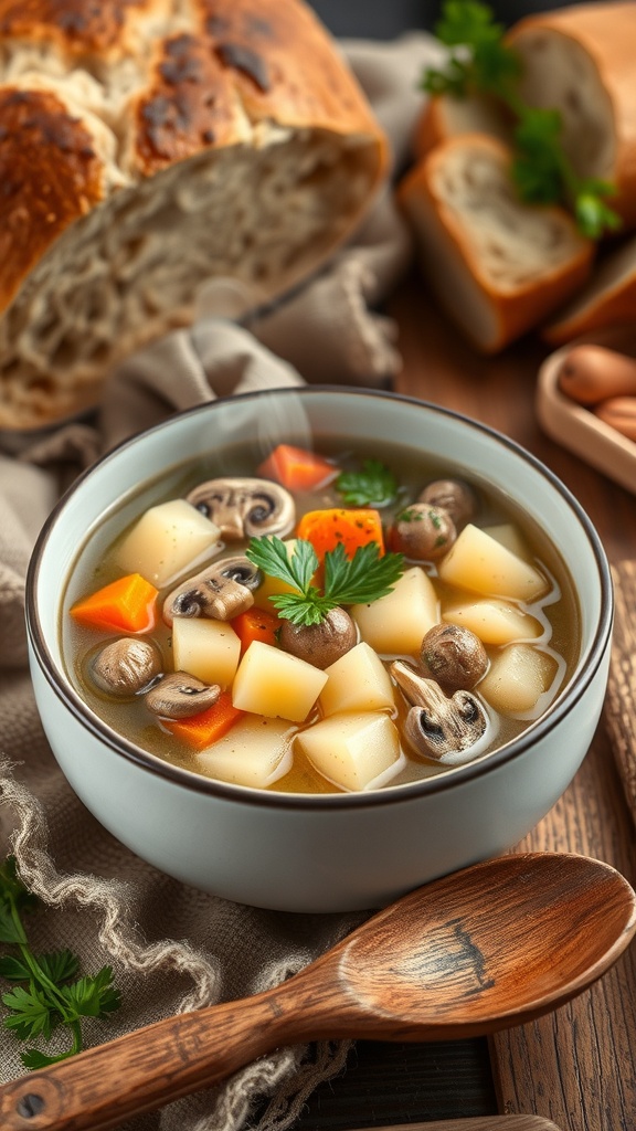 A bowl of traditional Czech potato soup with potatoes, carrots, and mushrooms, garnished with parsley, next to a loaf of bread.